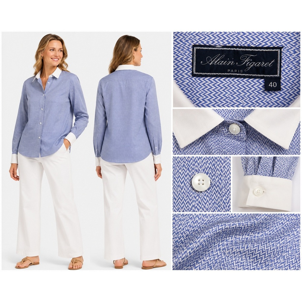 Alain Figaret Button Down Women 8 Blue White Chevron Contrast Collar French Cuff
